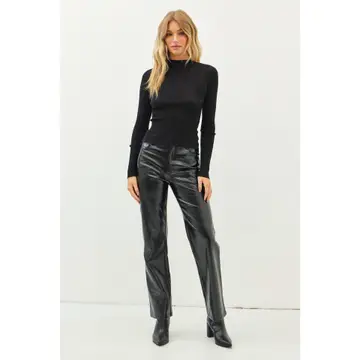Sheer Ribbed Knit Top in Mock Turtleneck - Black