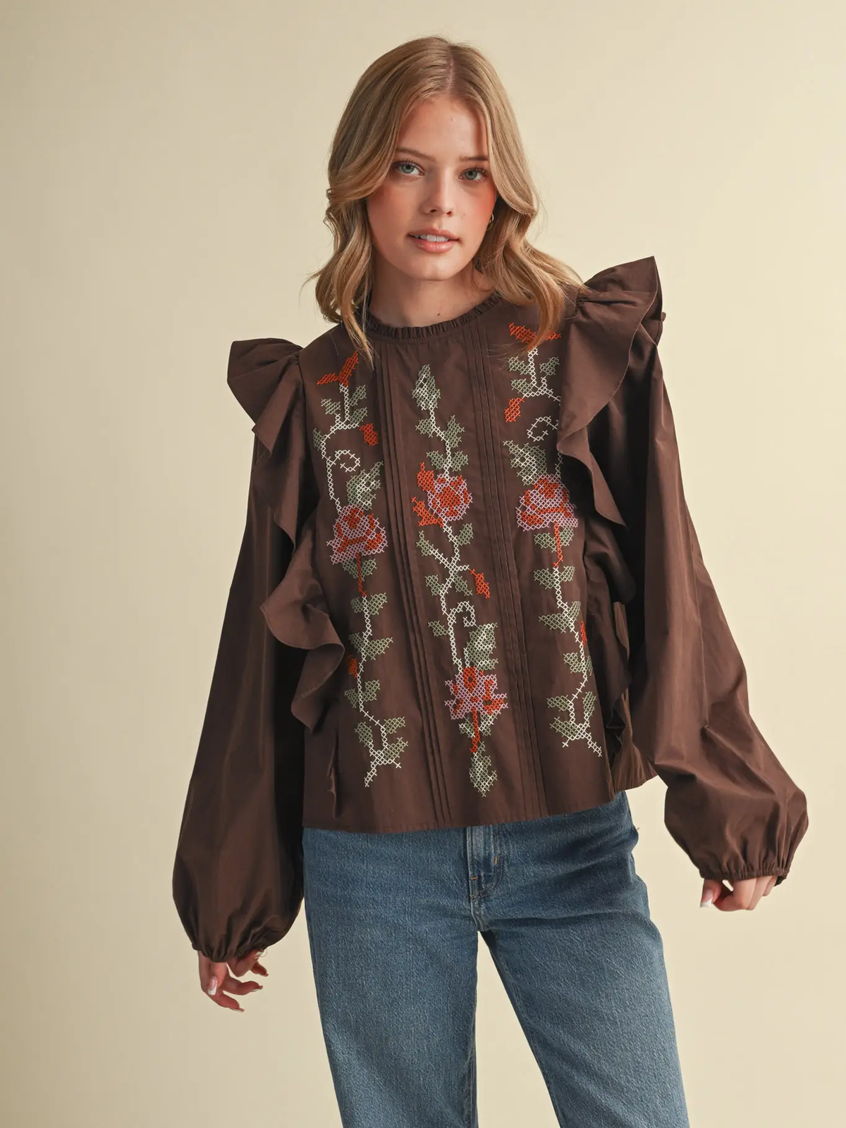 Floral Cross Stitch Ruffled Top