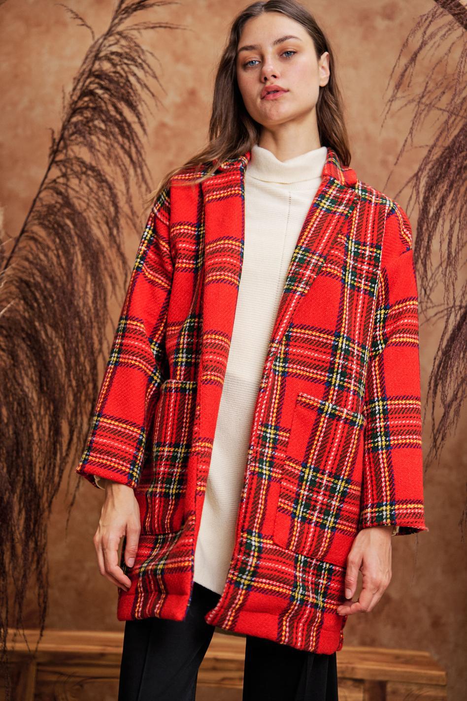 Multi Flannel Loose Fit Pocket Open Long Jacket - Red Multi