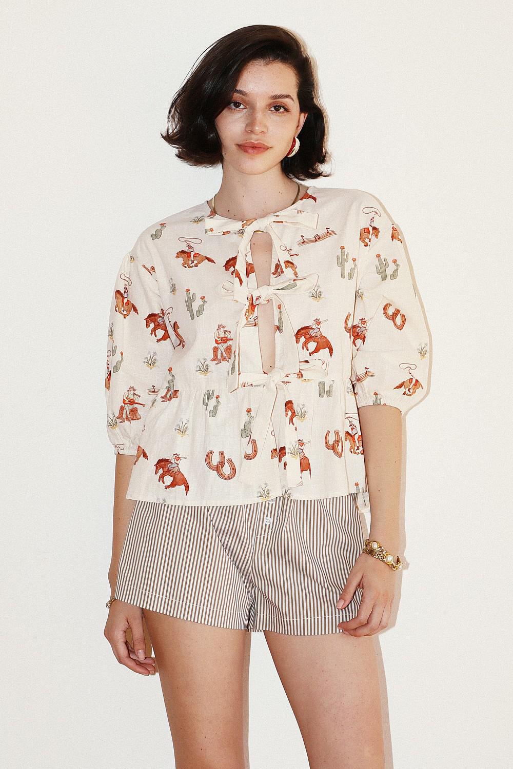 WESTERN PRINT FRONT TIE PEPLUM TOP - Cream
