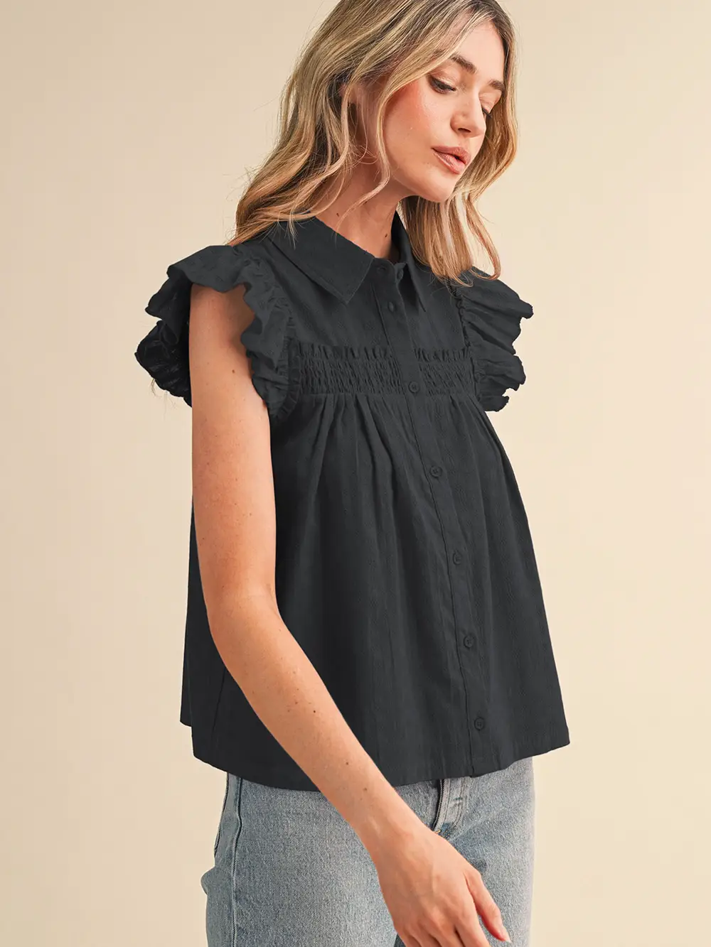 Ruffle Trim Button Down Top - BLACK