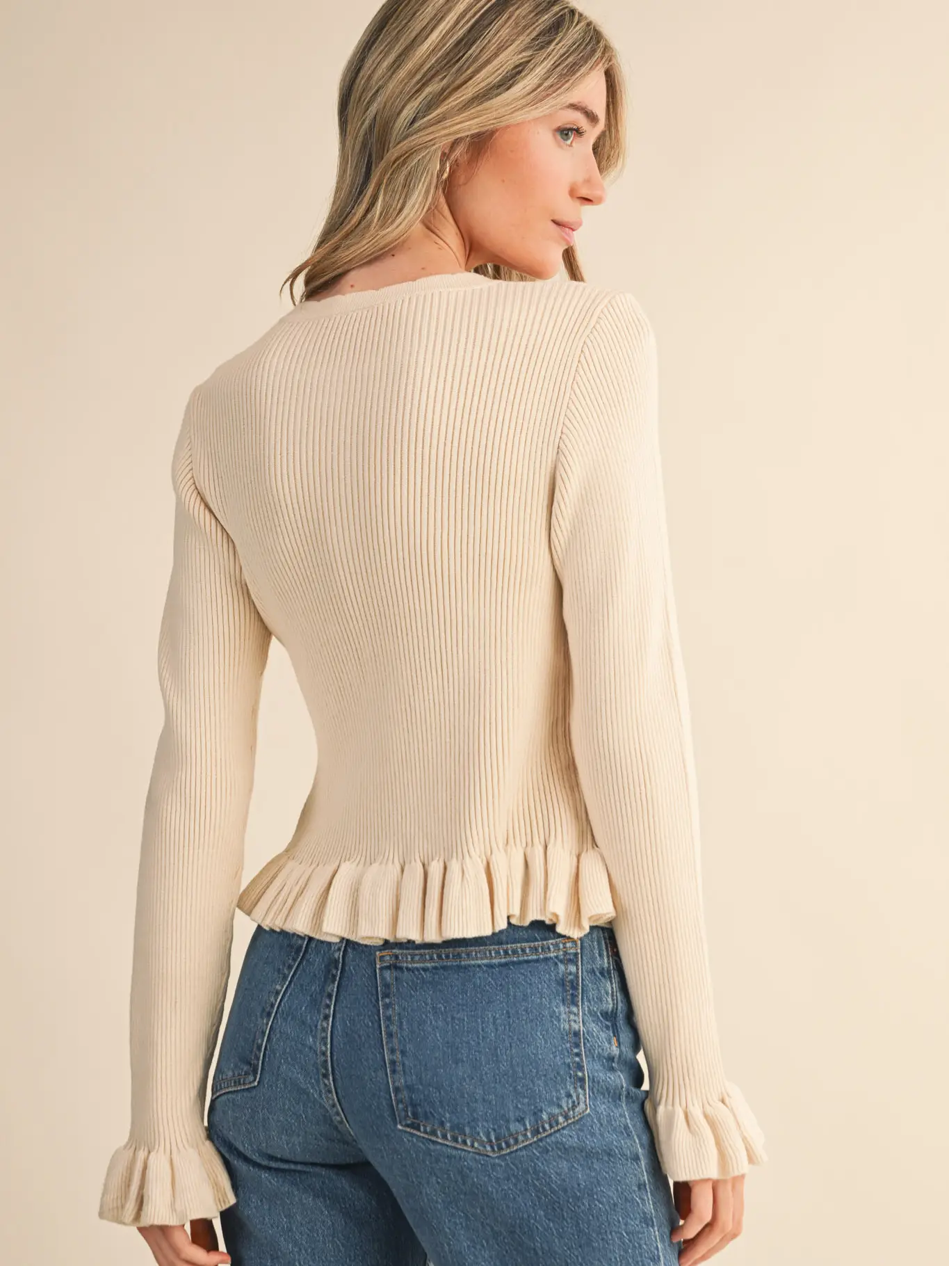 Ruffle Hem Ribbed Knit Sweater Cardigan - EGG SHELL