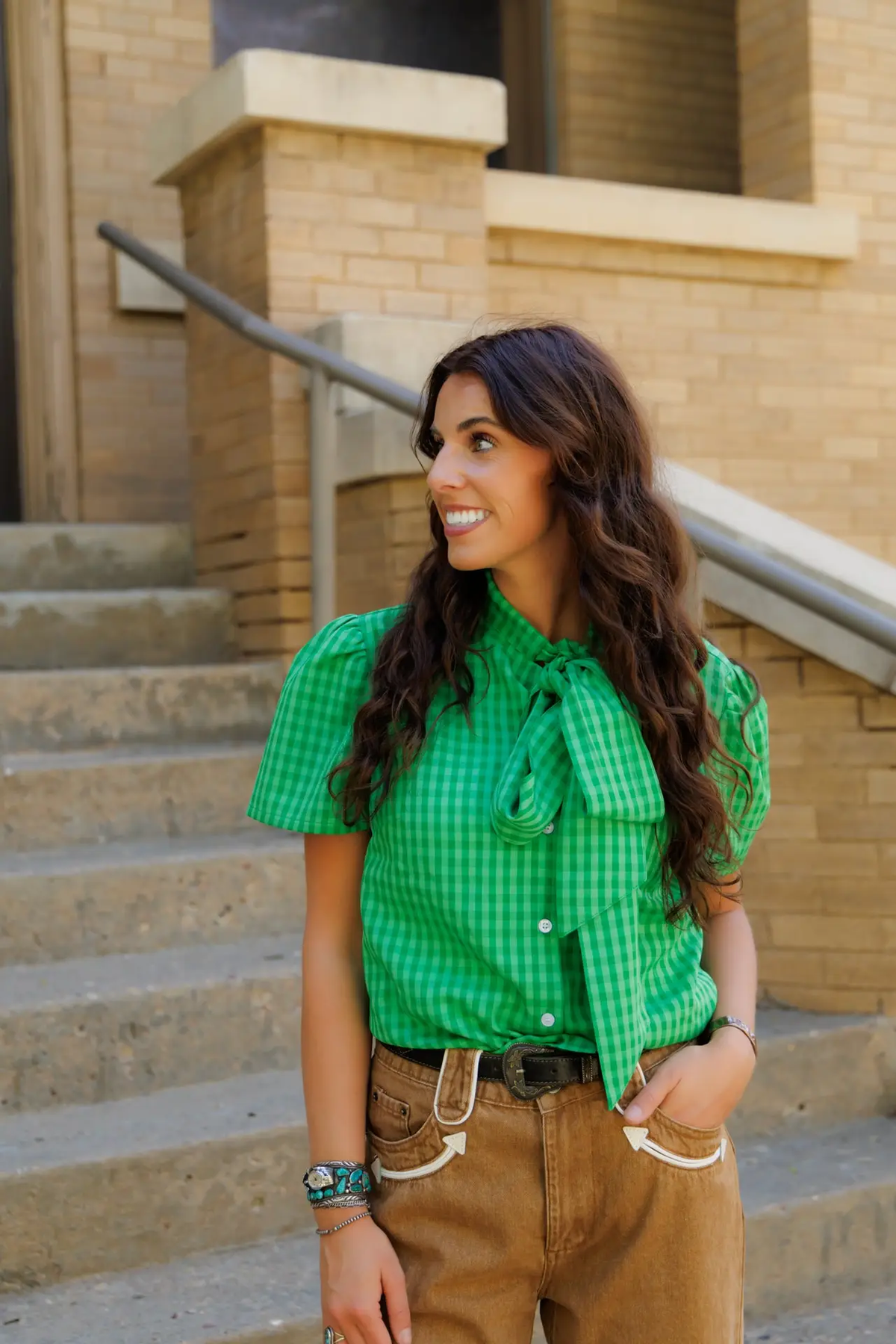 Tie Top, Green On Green Gingham Ss Tie Top