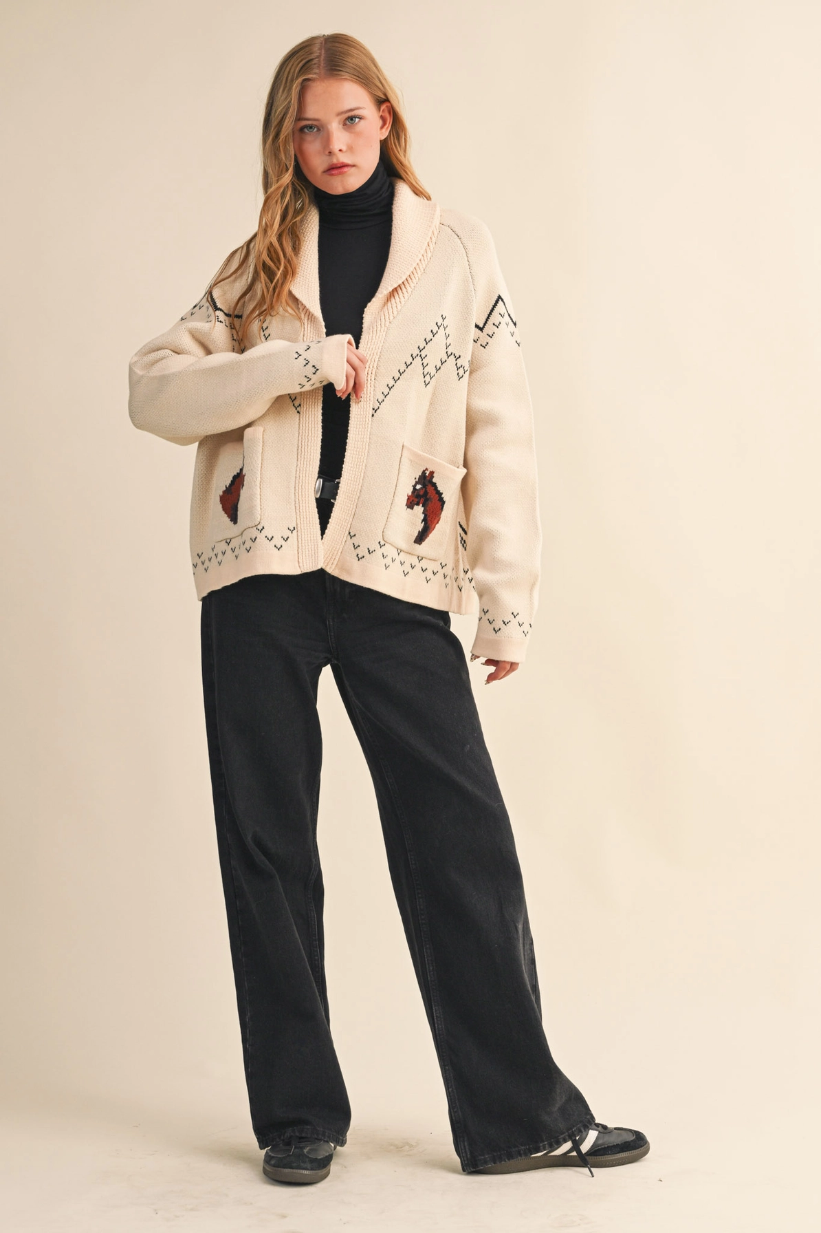 Horse Knit Sweater Cardigan - Beige Taupe