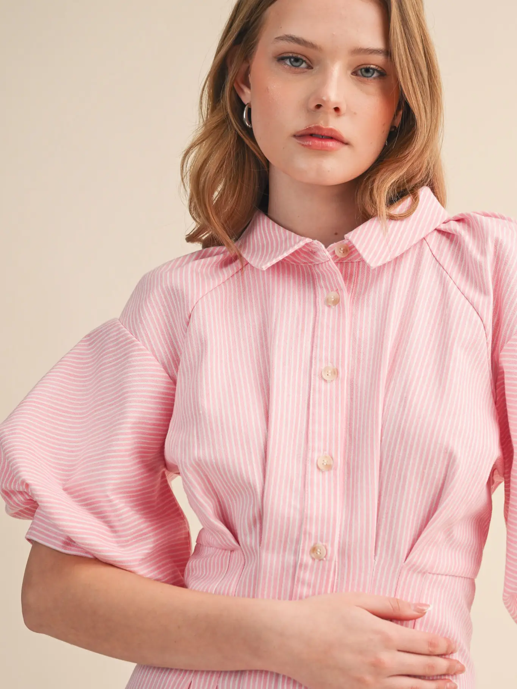 Striped Pleated Waist Button Down Mini Dress - BLACK STRIPE
