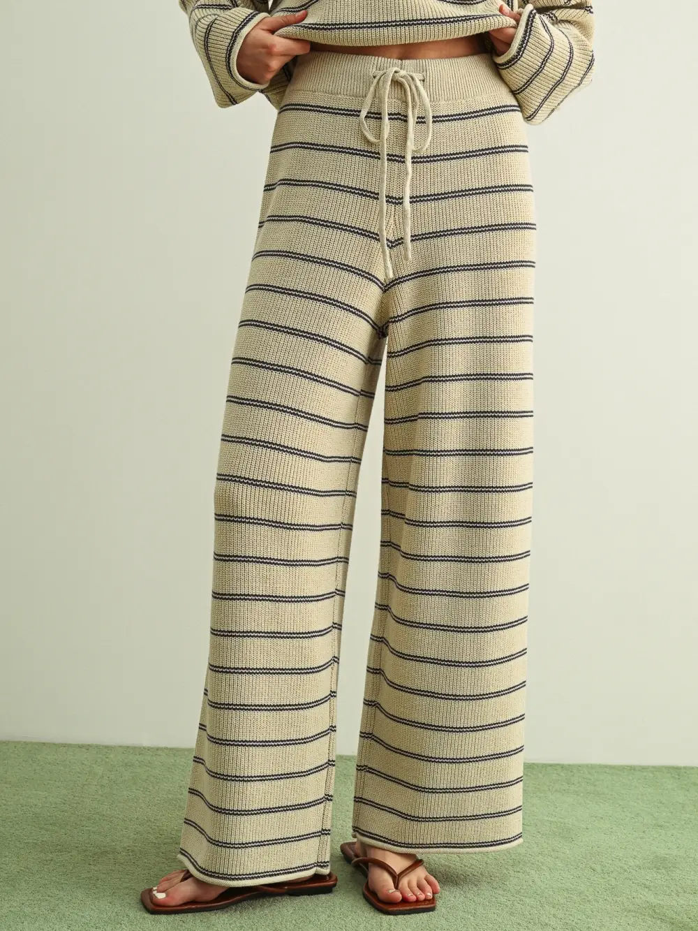 Striped Pattern Knitted Pants - STONE/BLUE