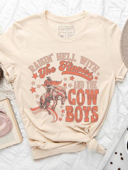 RAISIN HELL WITH THE HIPPIES & THE COWBOYS GRAPHIC TOP - SOFT CREAM