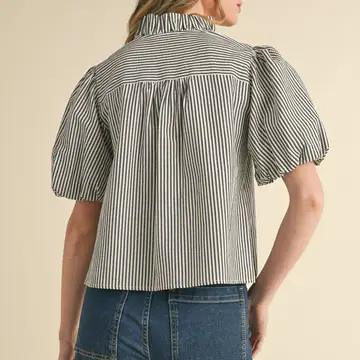 Striped Ruffle Button Down Top - DARK DENIM