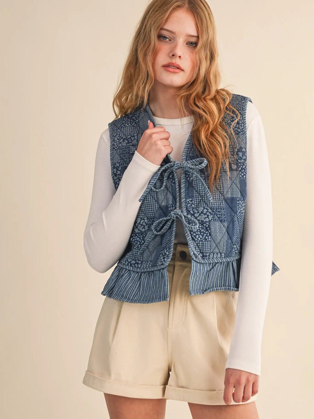 Quilted Printed Denim Ruffle Trim - dark denim