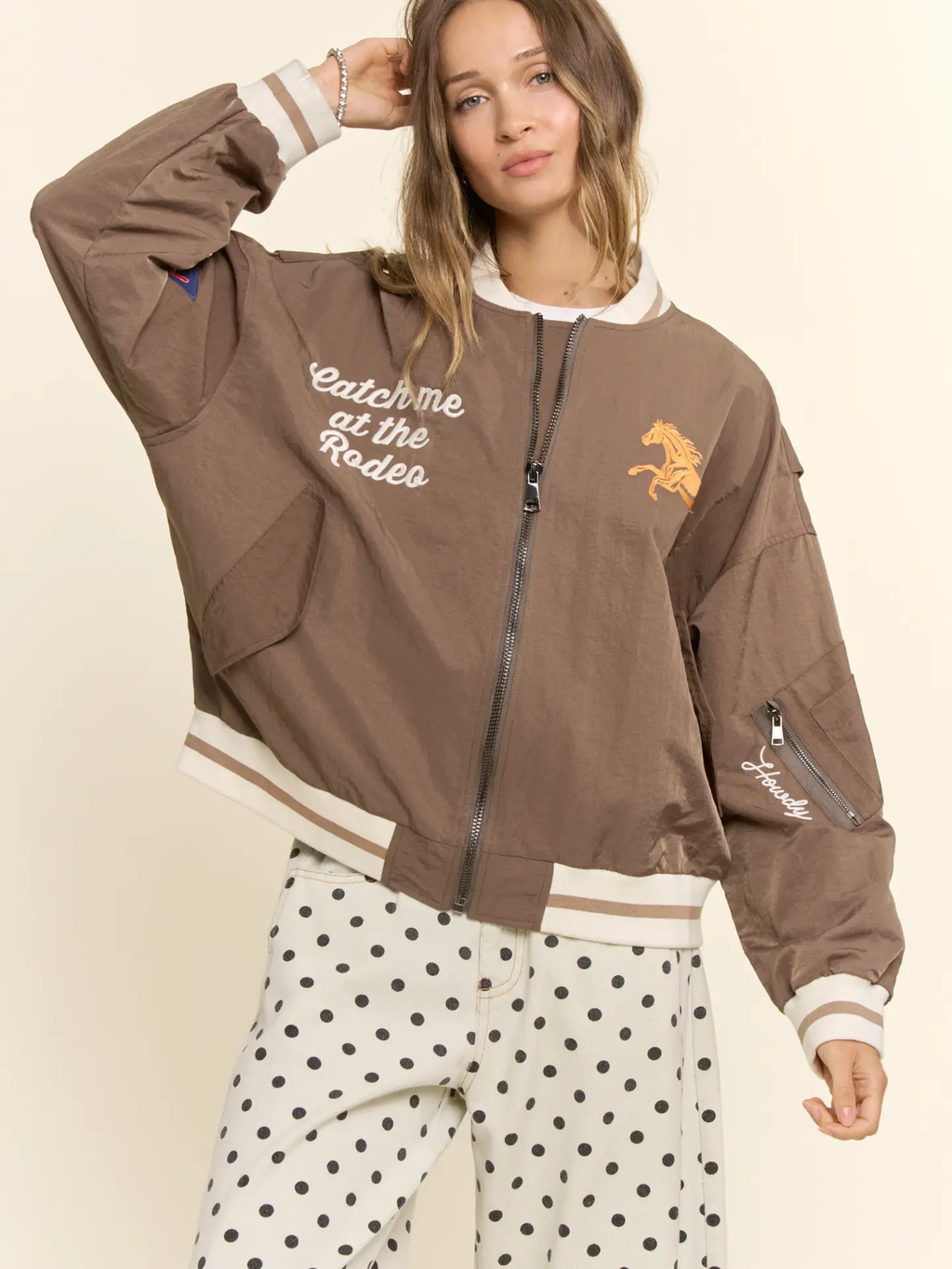 Retro Rodeo Embroidered Bomber Jacket - MOCHA