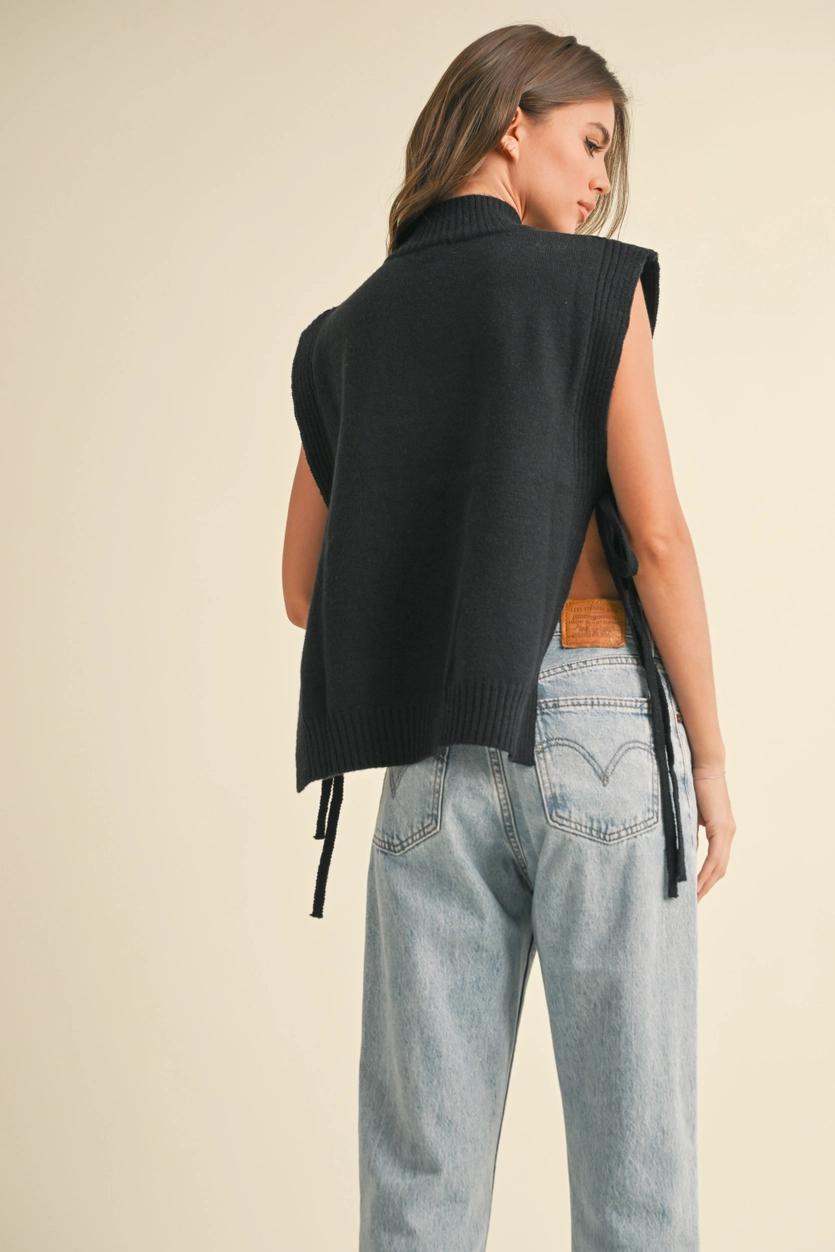 Mock Neck Tied On the Side Sweater Vest - Black