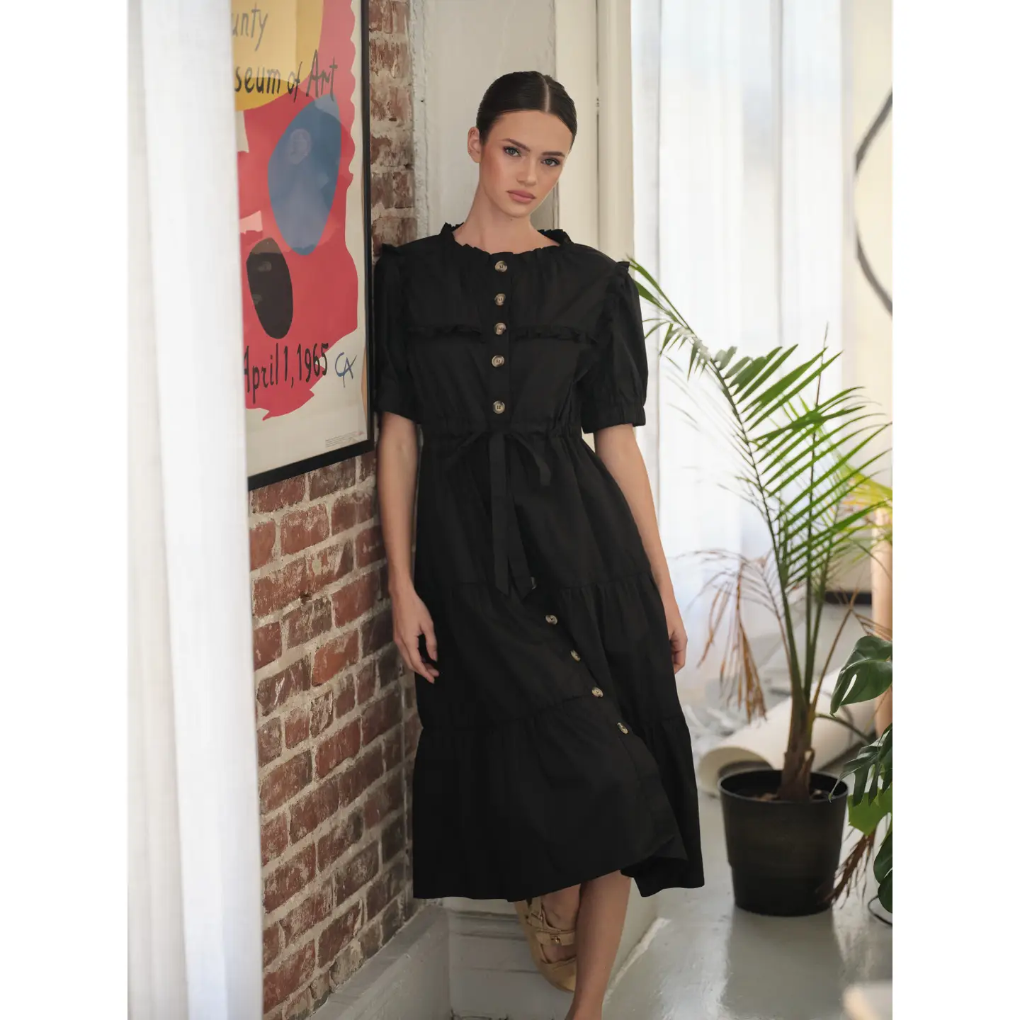 Poplin Ruffle Button Down Dress - Black