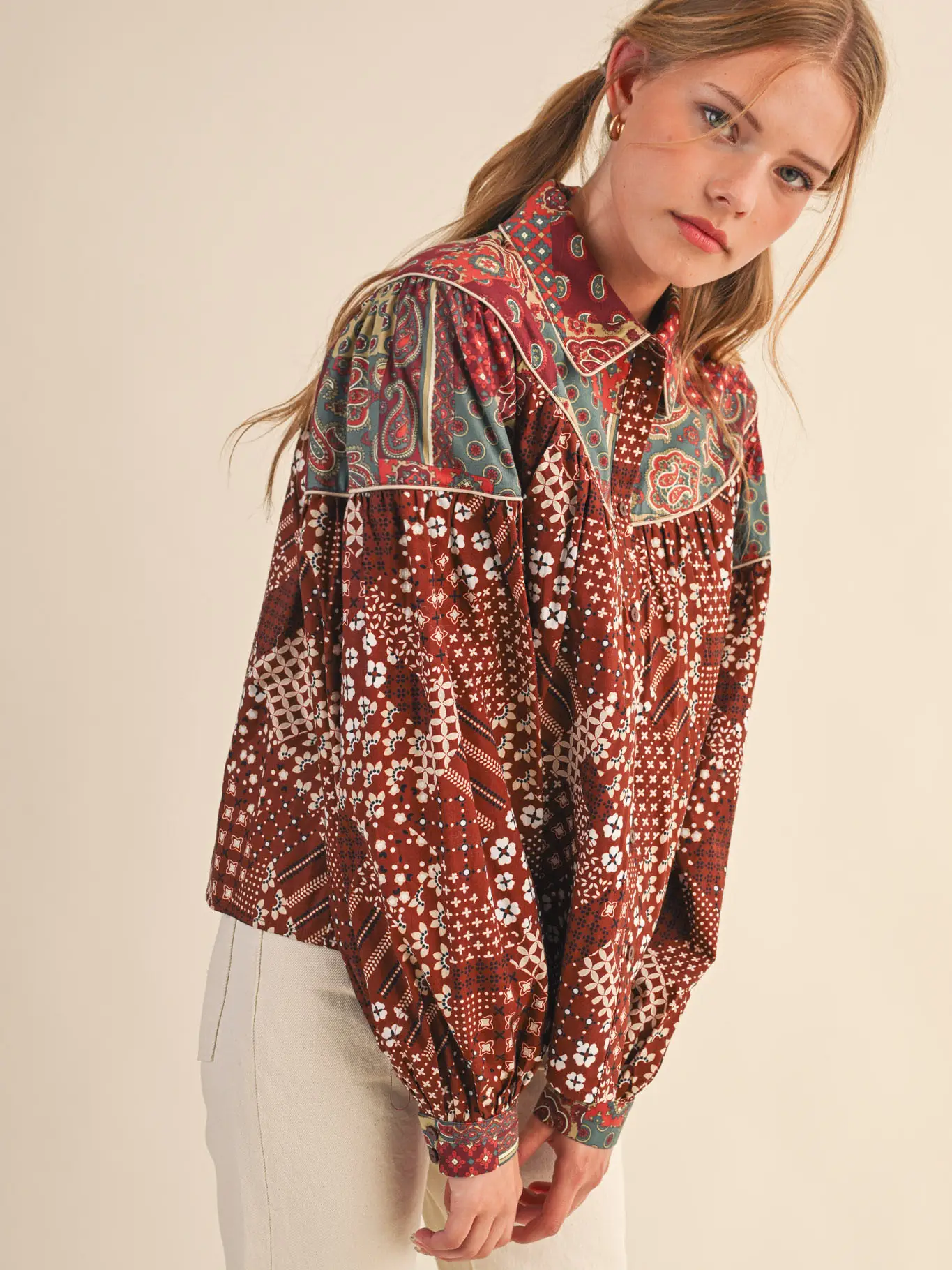 Mixed Patchwork Print Button Down Top - Brick Clay
