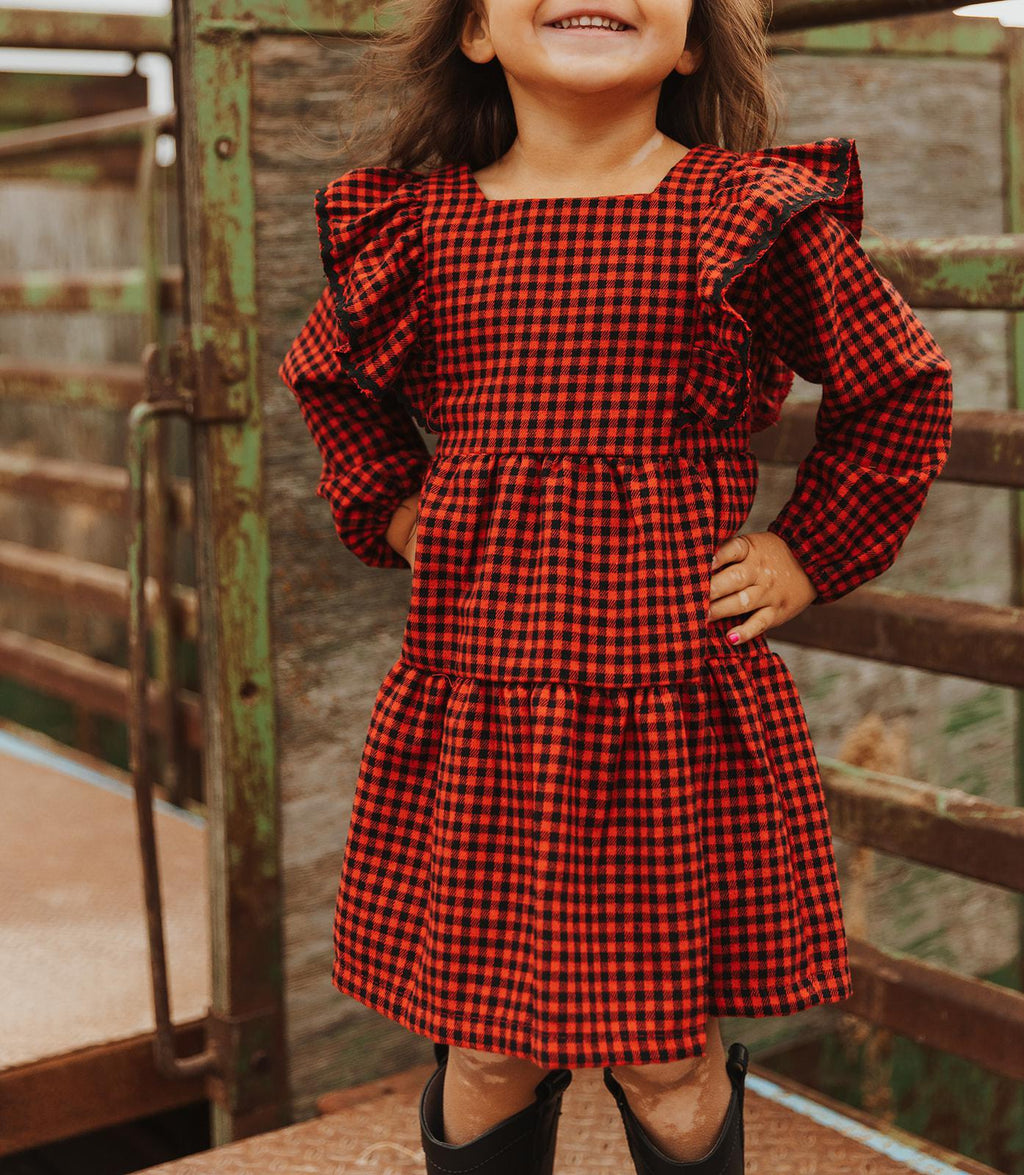 RED CHECK RUFFLE DRESS
