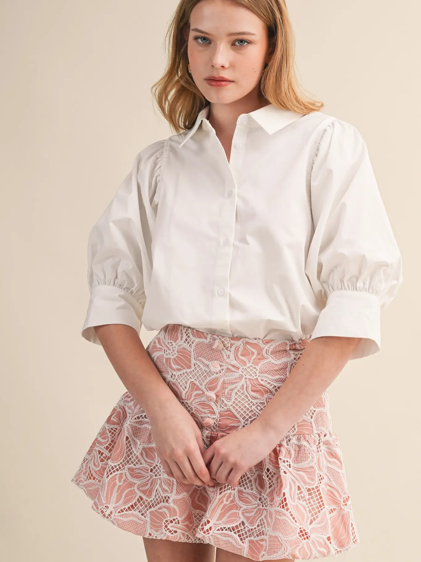 Puff Sleeve Button Down Top - WHITE