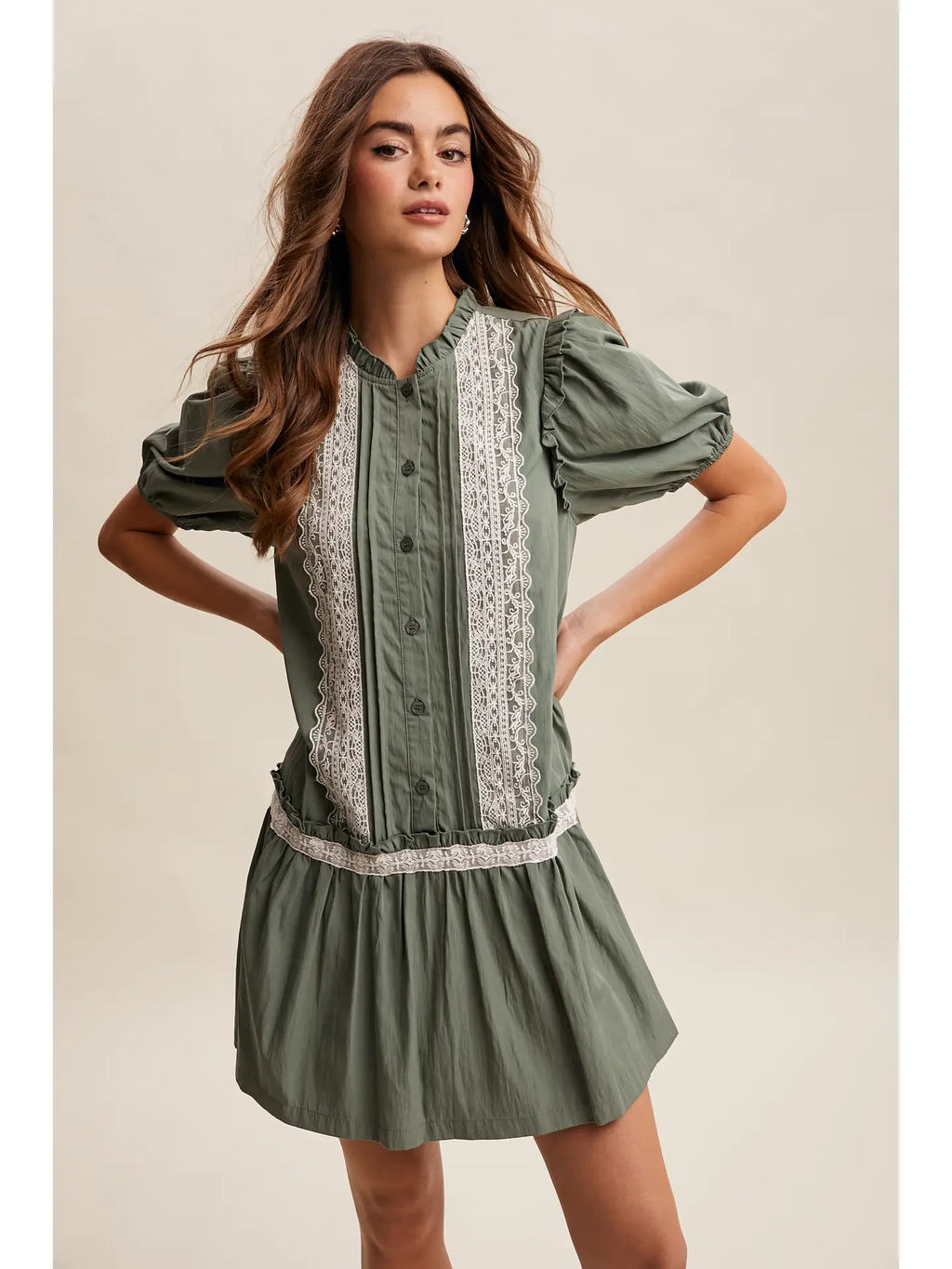 Lace Trimmed Babydoll Dress - EUCALYPTUS