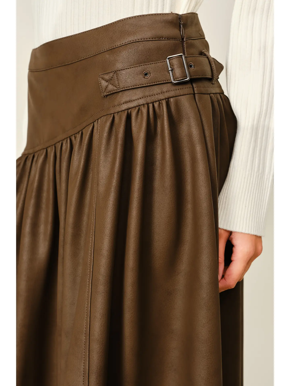 Classic Vegan Leather Belted Midi Skirt