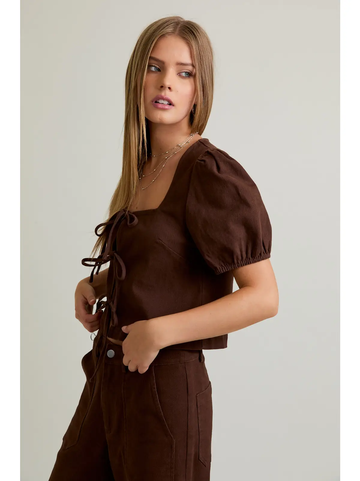 Short Sleeve Square Neck Tie Front Open Top