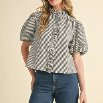 Striped Ruffle Button Down Top - DARK DENIM