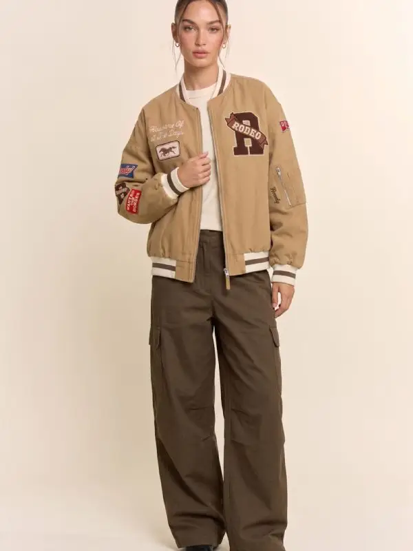 Western Varsity Patch Bomber Jacket - TAUPE