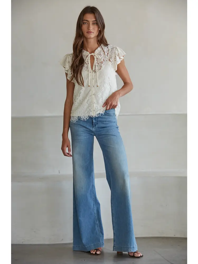 Woven Cotton Nylon Lace Button Down Short Sleeve Top
