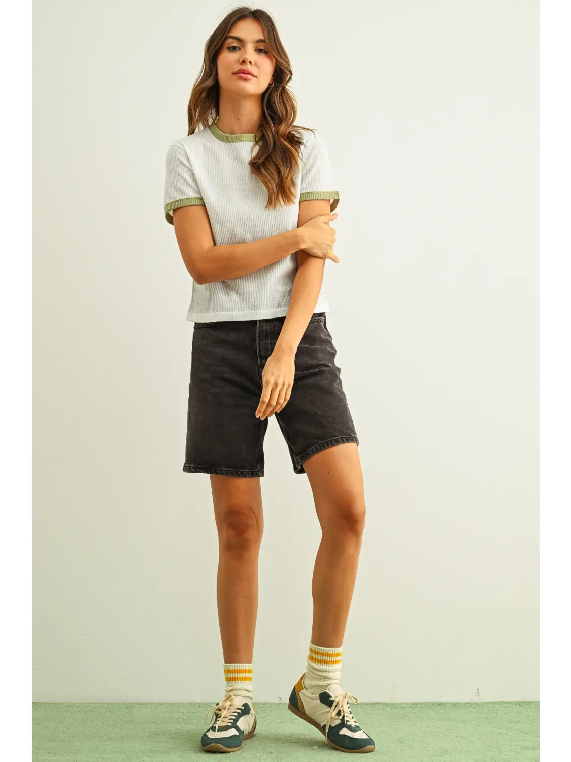 Color Combo Waffle Fabric Top - WHITE/SAGE