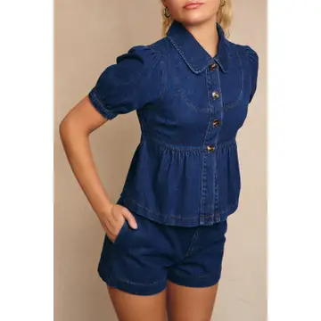 Peter Pan Collar Puff Sleeve Denim Top with Mid Rise Shorts