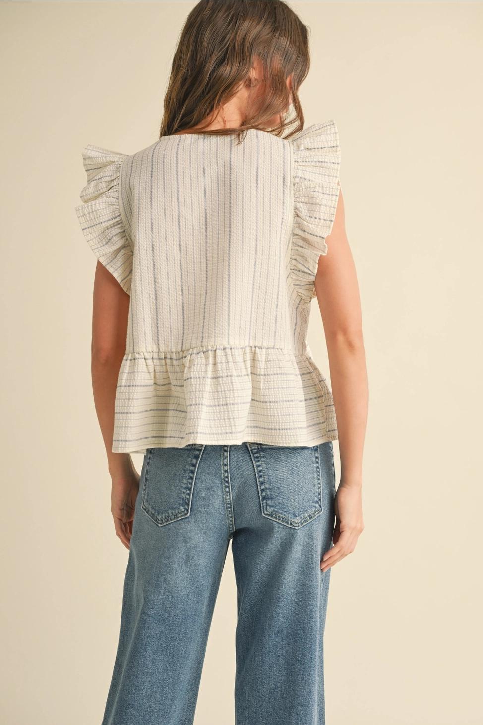 Striped with Tie Front Ruffle Sleeveless Blouse - Blue
