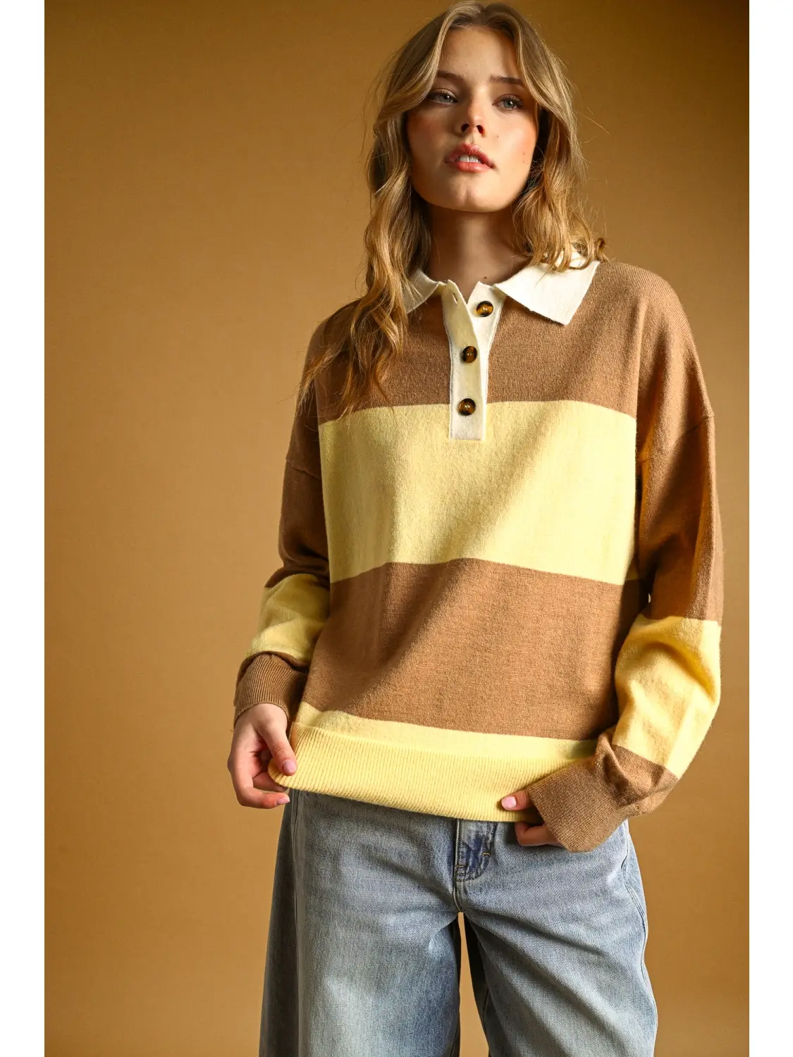 Color Block Sweater Knit Collar Top