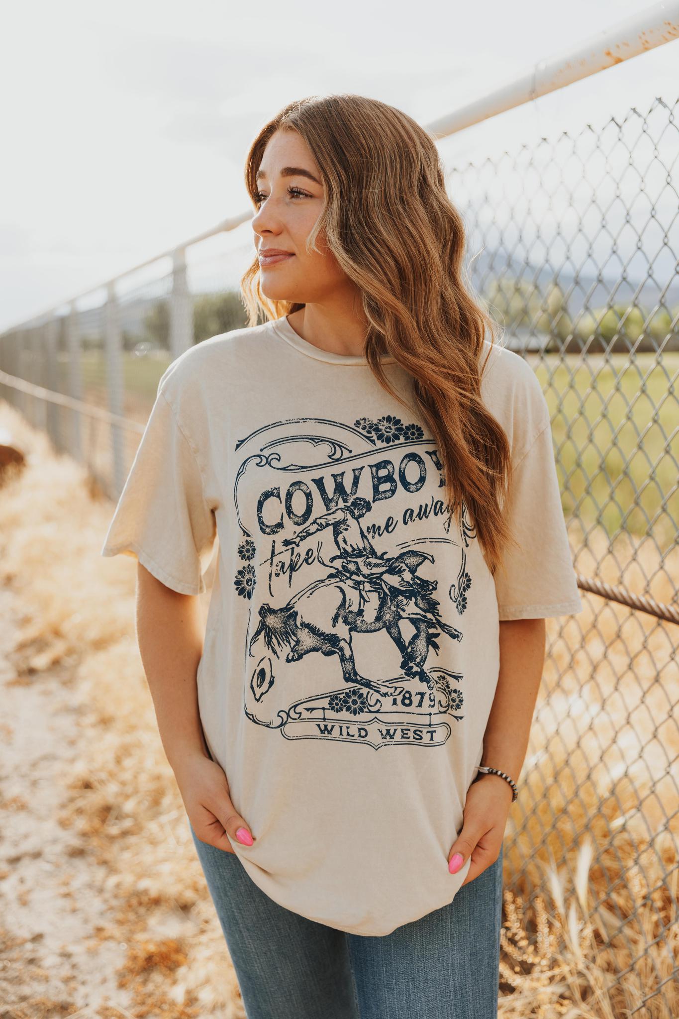 COWBOY TAKE ME AWAY WILD WEST OVERSIZED GRAPHIC TEE - MINERAL OATMEAL