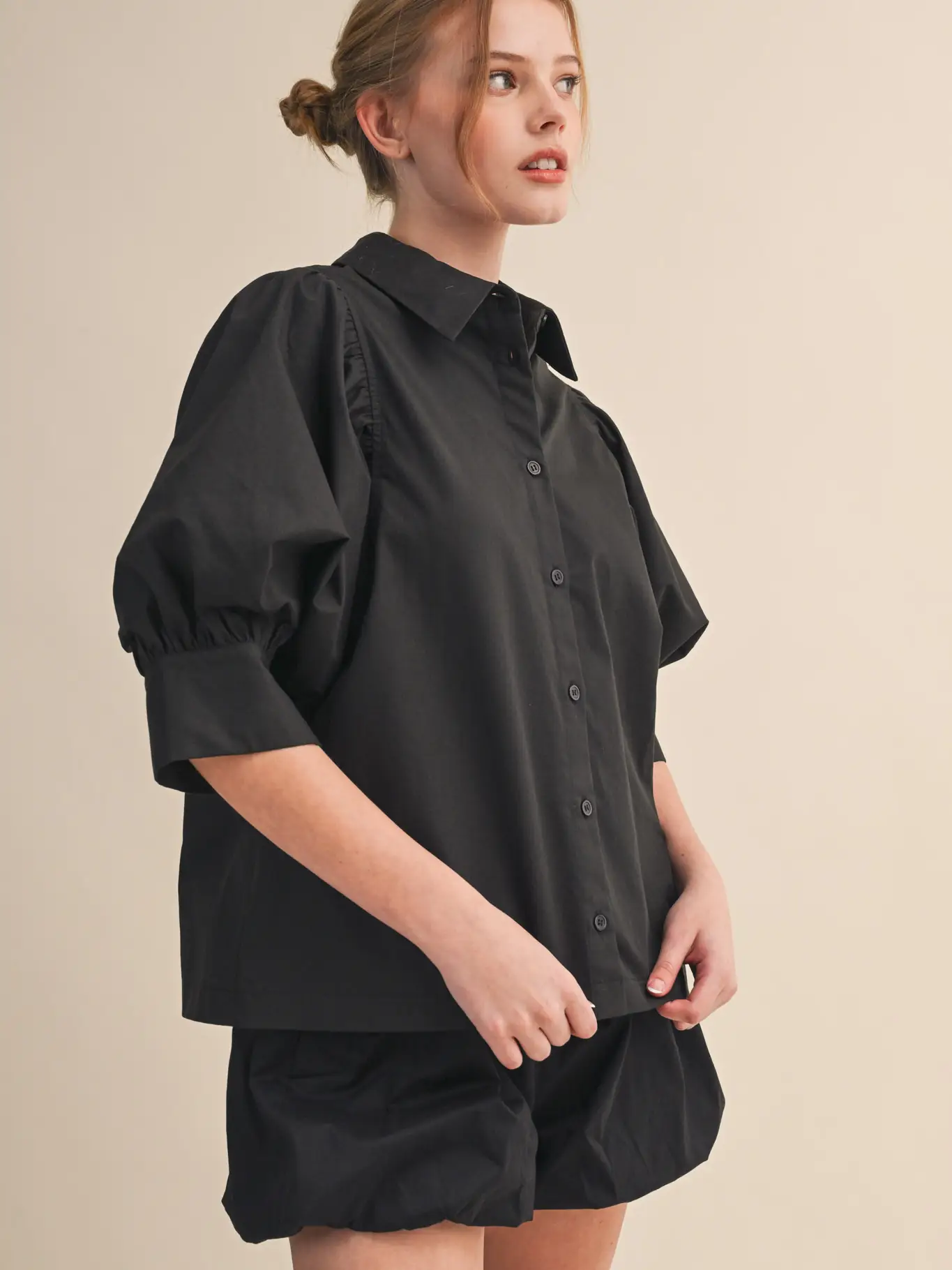 Puff Sleeve Button Down Top - BLACK