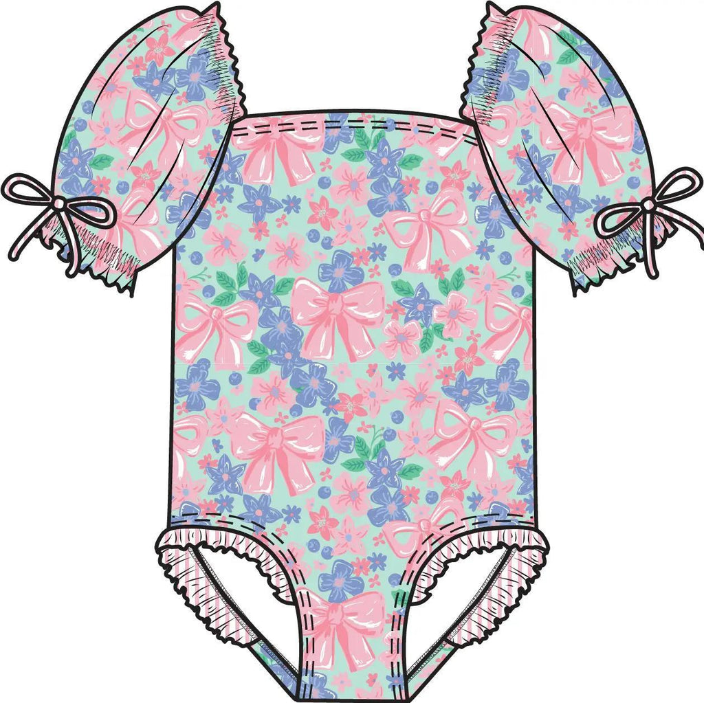 Girls Bow Blooms Puff Sleeve One Piece Swimsuit
