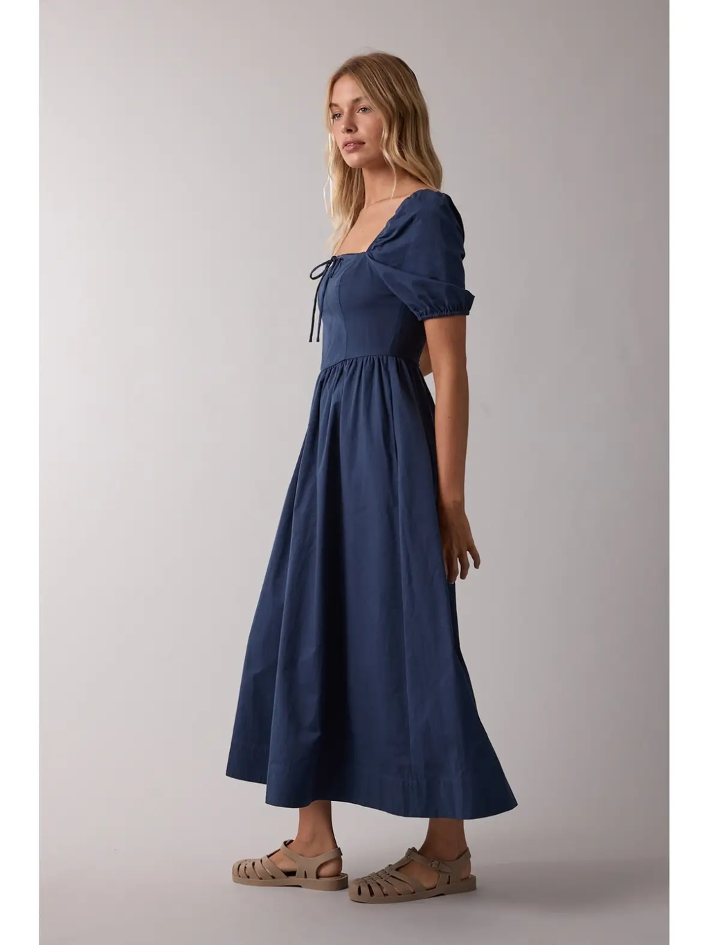 Puff Sleeve Midi Dress - NAVY