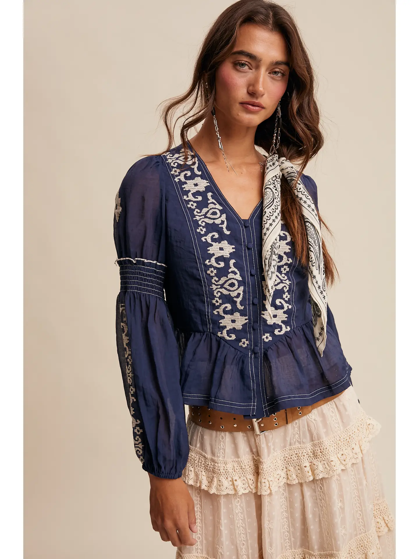 Embroidered Peplum Blouse - NAVY