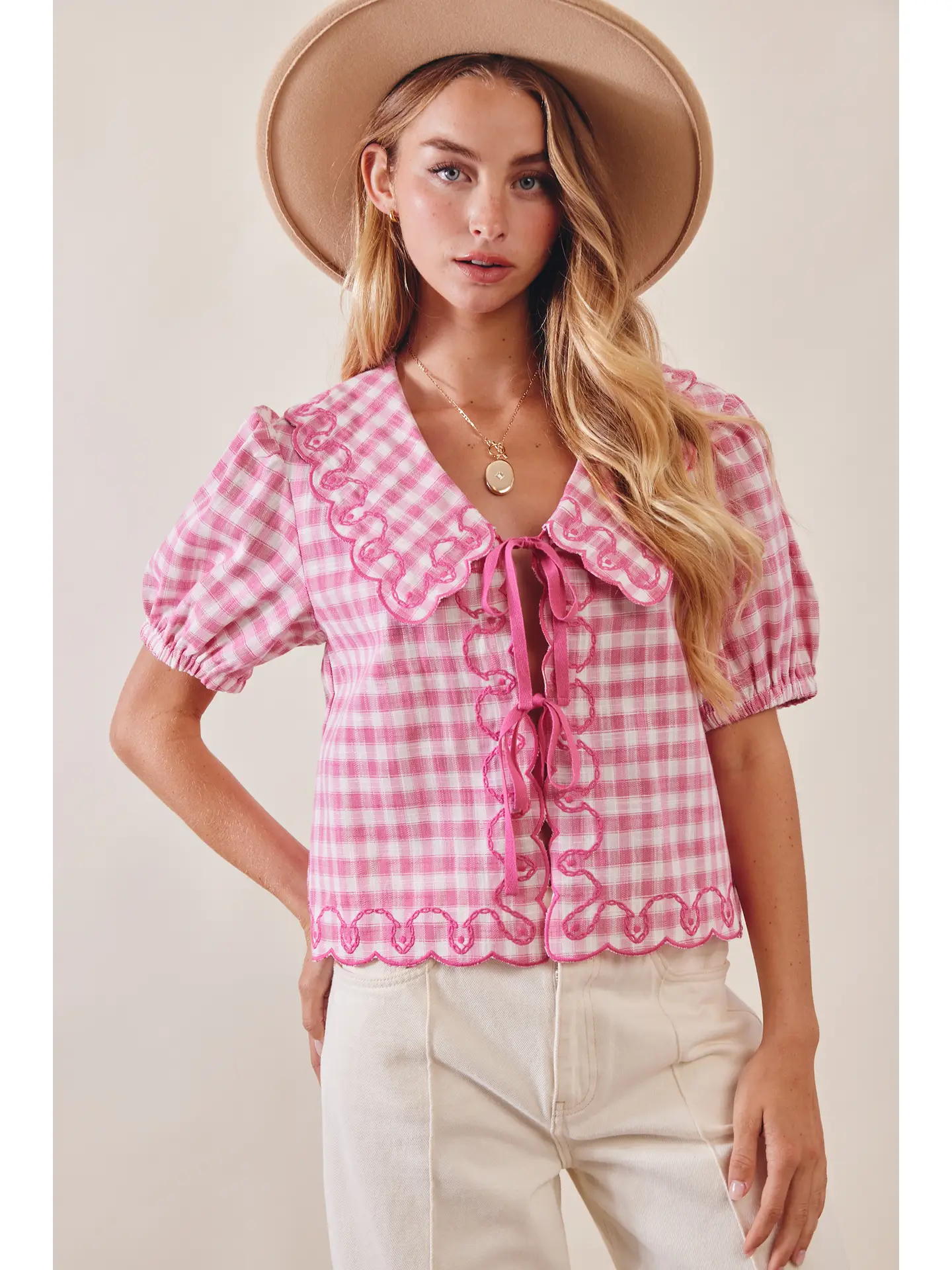 Gingham Embroidered Tie-Front Blouse - PUNCH