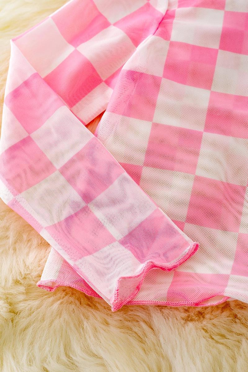 Pink & White Checkered Mesh Top