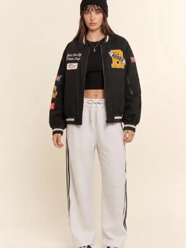 Western Varsity Patch Bomber Jacket - BLACK