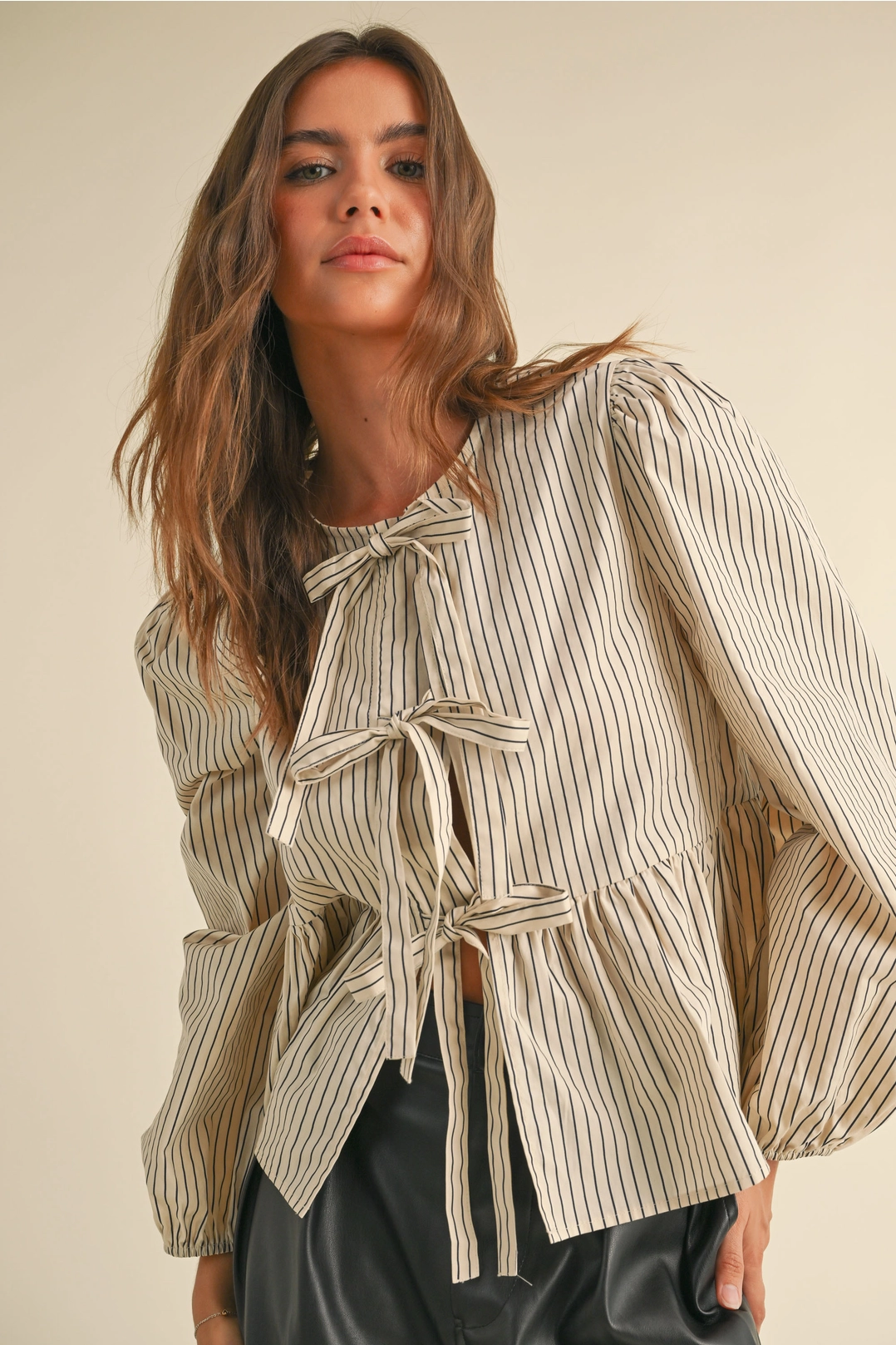 Striped Woven Blouse with Tie Front - Beige/Navy