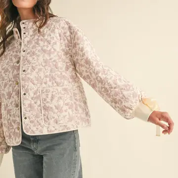 Floral Quilted Jacket with Ribbon Detail - IVORY PINK FLORAL
