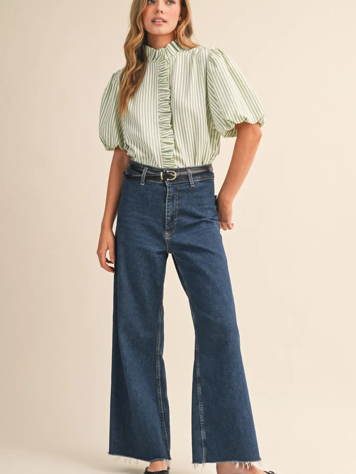 Striped Ruffled Button Down Top - SEAFOAM GREEN