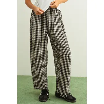 Gingham Pattern Elastic Band Waist Pants - BLACK/WHITE