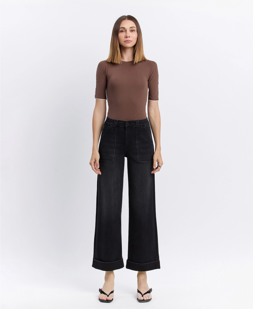 High Rise Cuffed Baggy Wide Jeans - Black