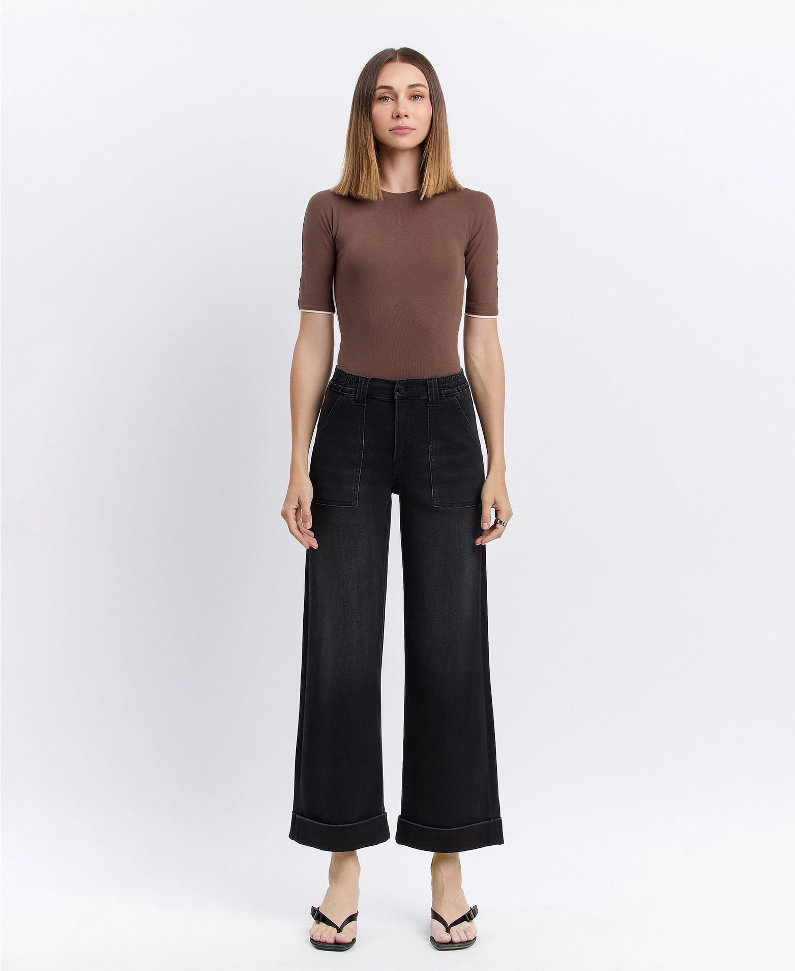 High Rise Cuffed Baggy Wide Jeans - Black