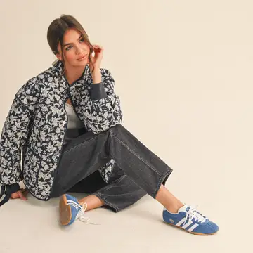 Floral Quilted Jacket with Ribbon Detail MJK3622 - navy floral