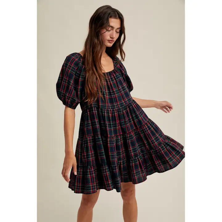 Gingham Puff Sleeve Tiered Mini Dress | BLACK/RED