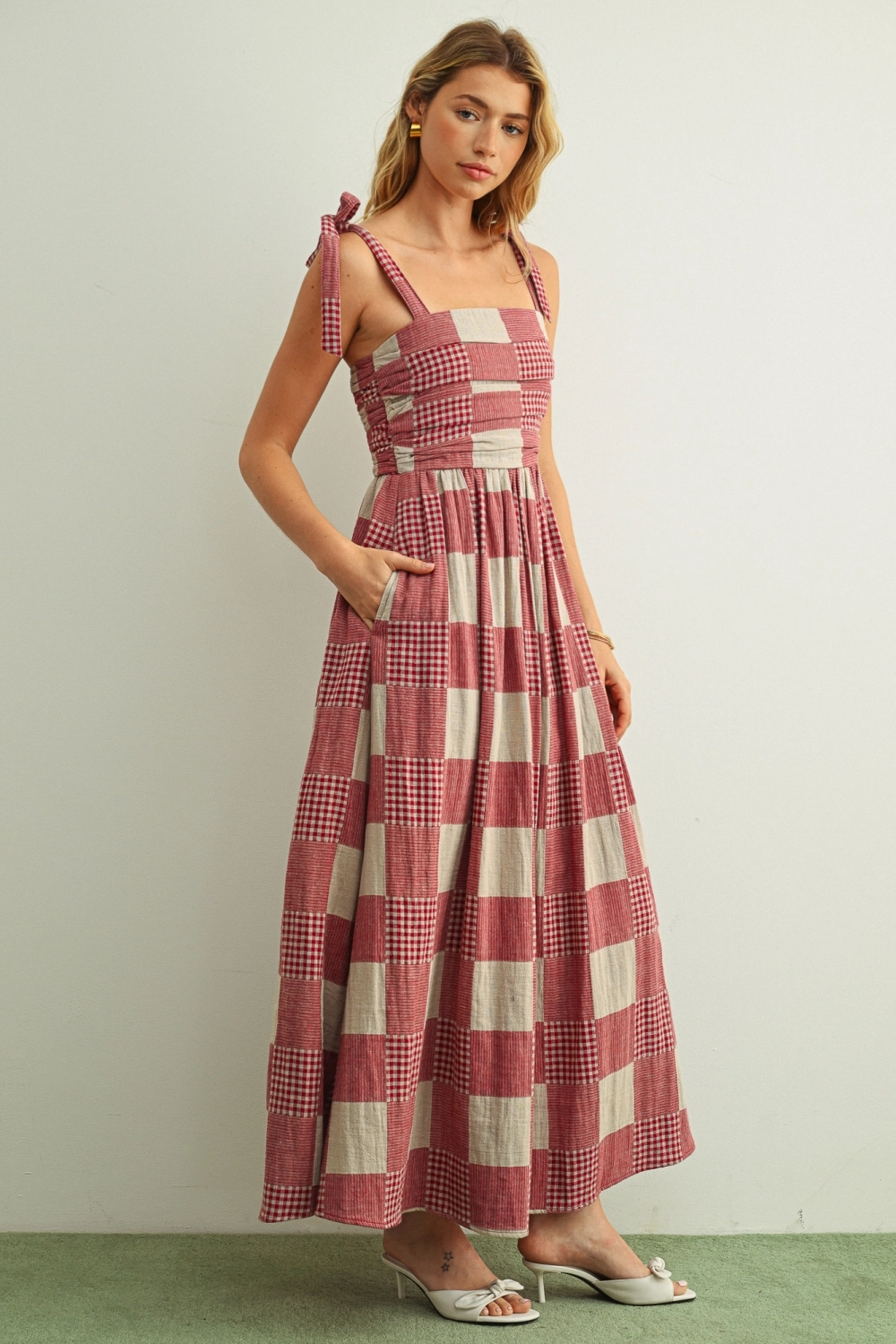 Gingham and Stripe Patch Effect Dress - Red
