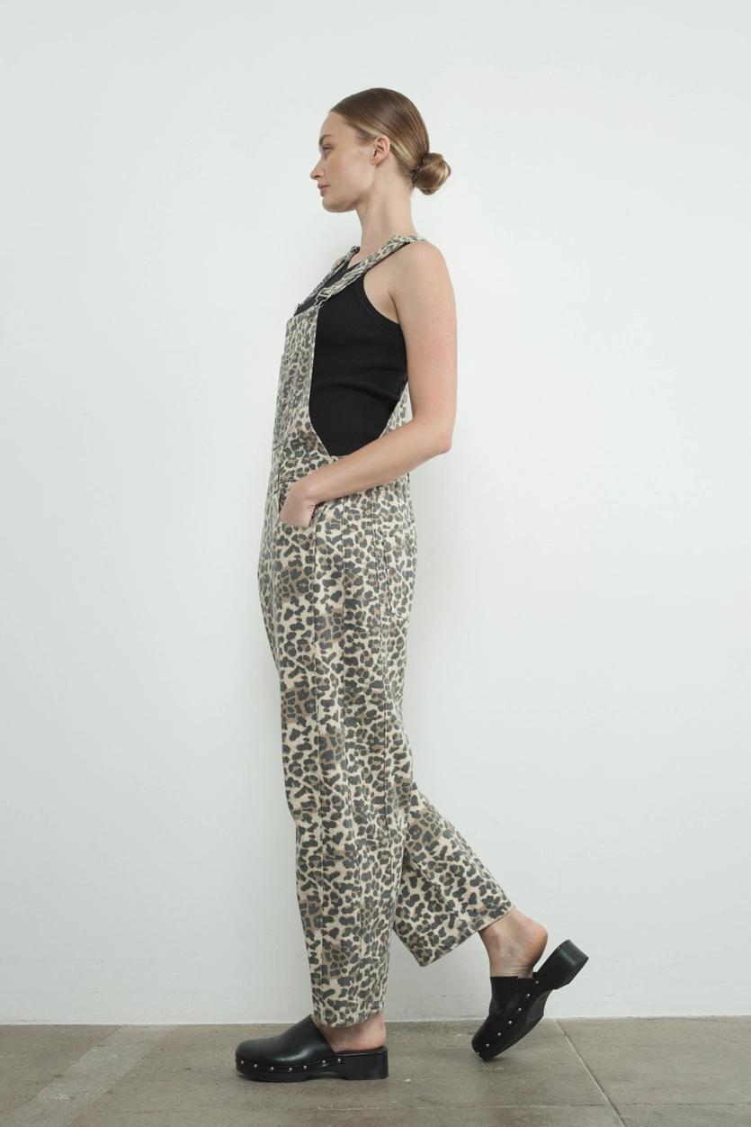 Leopard Print Slouchy Relax Fit Denim Overall