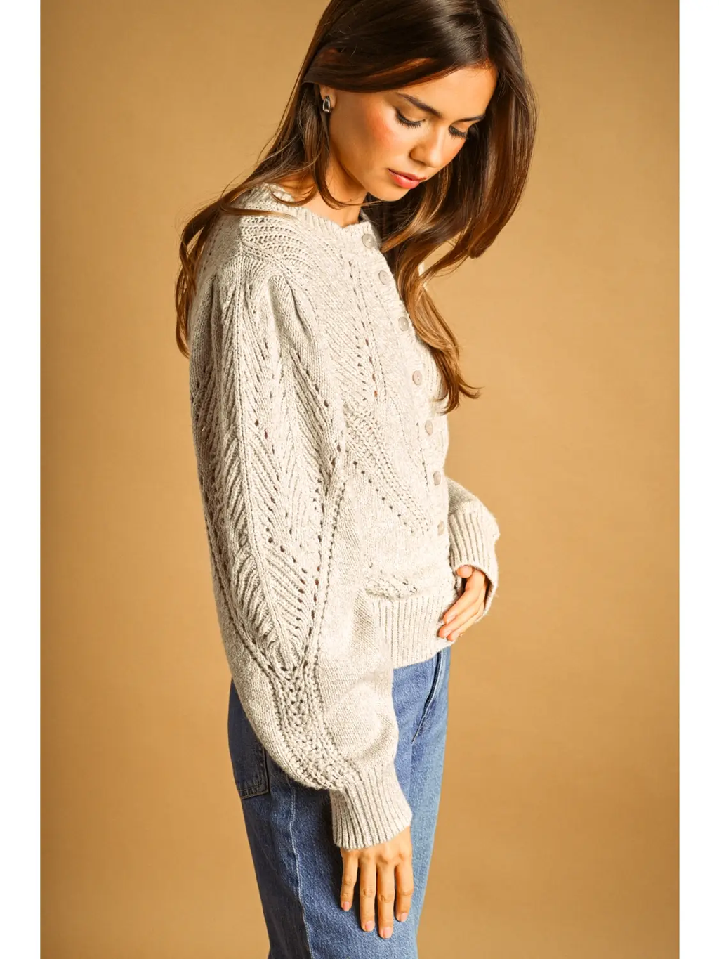 Button Front Cable Knit Cardigan - OATMEAL