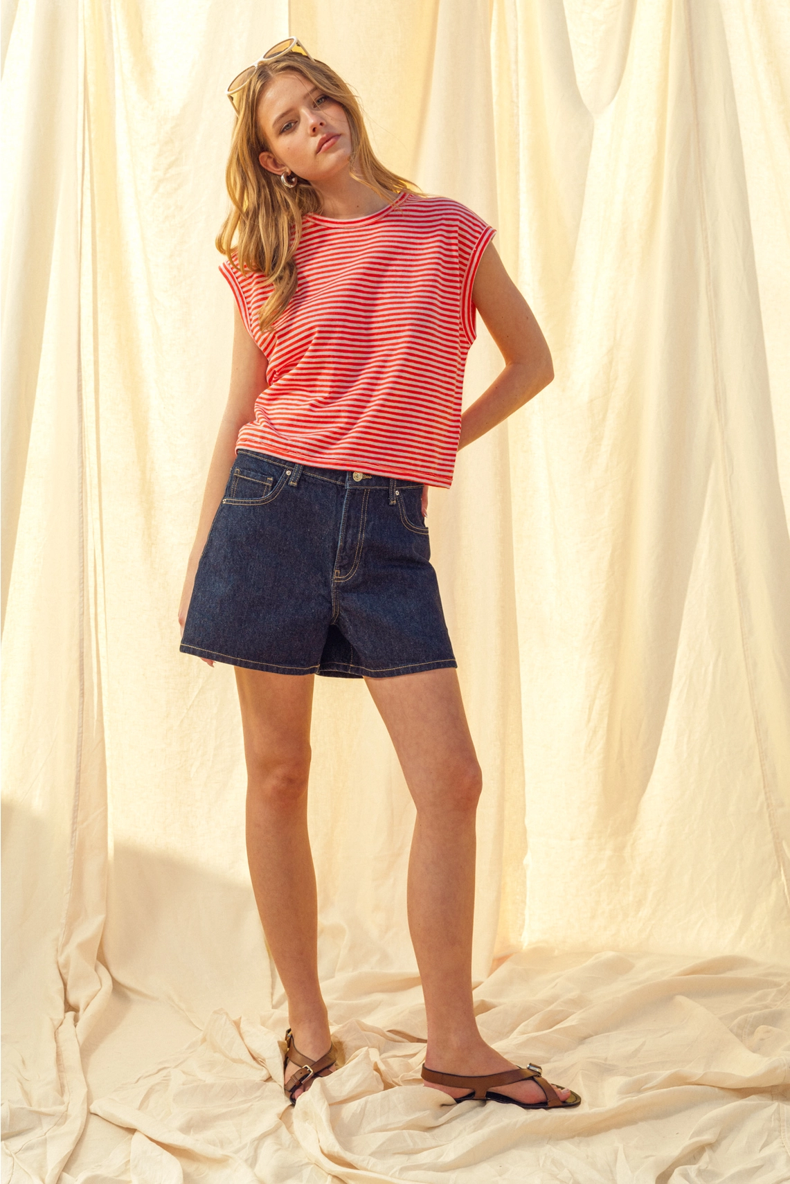Stripe Pattern Slub Top - Cherry White