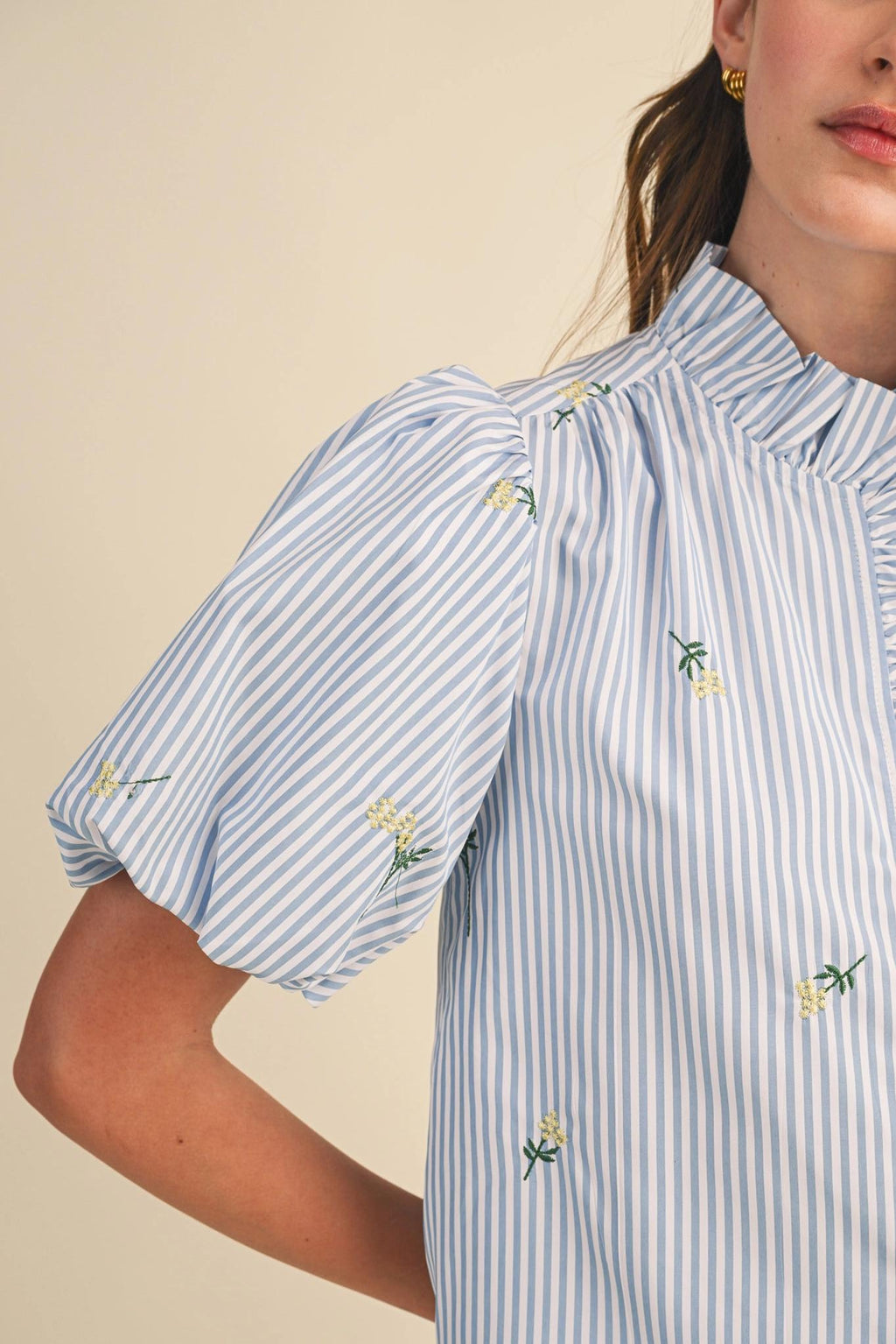 Floral Embroidery Striped Ruffled Button Down Top - Sky Blue Stripe